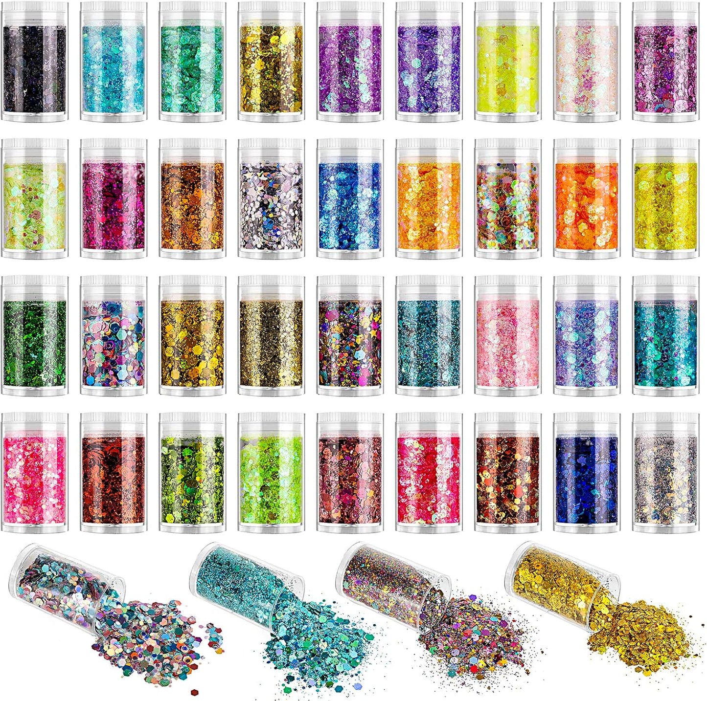 Holographic Chunky Glitter Sequins, 12 Colors Mixed Cosmetic Glitter for Face Body Eye Hair Nail Art Lip Gloss Makeup, Festival Glitter with Different Hexagons Size and Stars (Laser Mix)