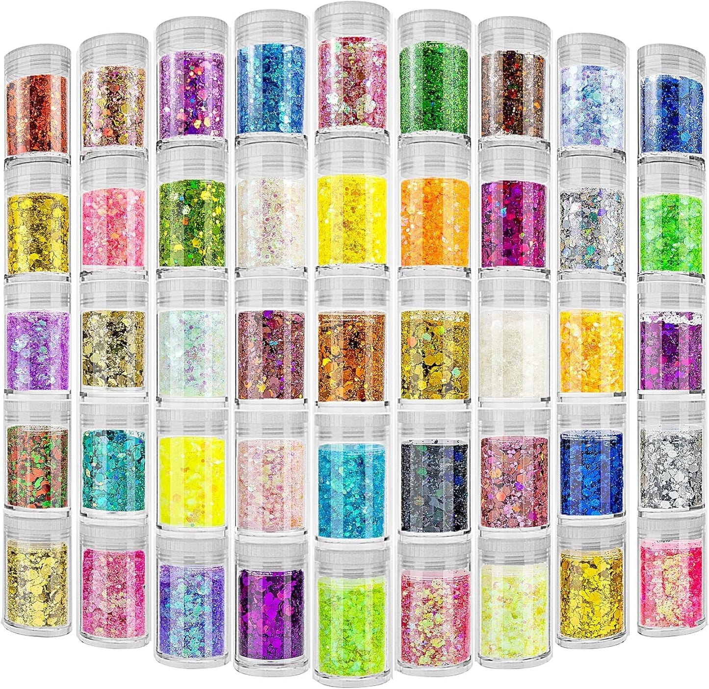 Holographic Chunky Glitter Sequins, 12 Colors Mixed Cosmetic Glitter for Face Body Eye Hair Nail Art Lip Gloss Makeup, Festival Glitter with Different Hexagons Size and Stars (Laser Mix)