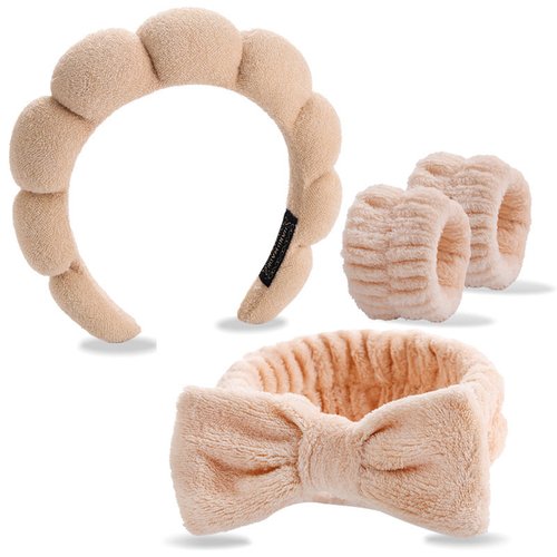 Handmade 4-Piece Spa Headband and Wristband Set Soft Fabric Bow Skincare Kit