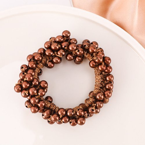 Handmade Pearl Hair Tie Elastic Beaded Scrunchie with Gold Thread Accents