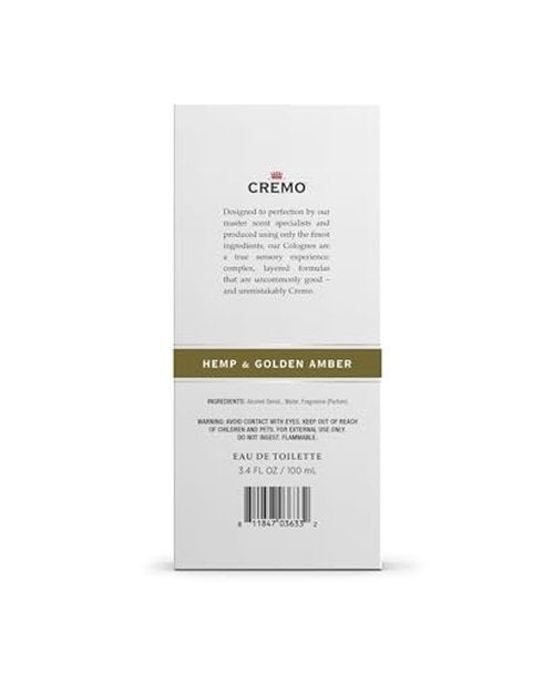 Cremo Hemp & Golden Amber Cologne Spray, A Unique Yet Sophisticated Blend of Hemp, Ginger and Golden Amber, 3.4 Fl Oz