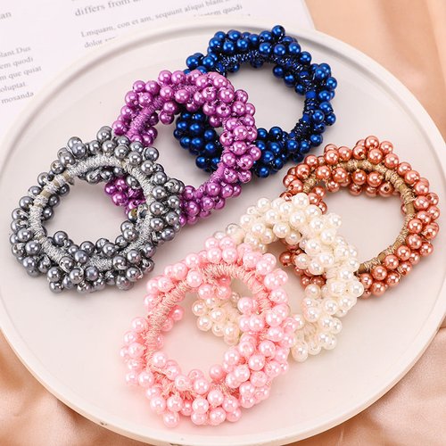 Handmade Pearl Hair Tie Elastic Beaded Scrunchie with Gold Thread Accents