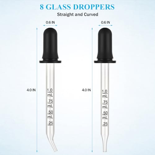 Herain 8 Pack Glass Pipette Dropper, Ear and Eye Dropper Bent & Straight Tips, 1 ml Droppers for Essential Oils, Lab, Crafts, Measuring and Transferring a Variety of Liquids