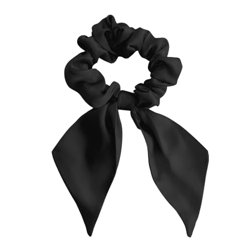 THXSILK Hair Silk Scrunchies with Bow for Women Pure Mulberry Silk Hair Cute Ring Ties Scrunchies for Girls Women's Thick Hair Black, 3.5"