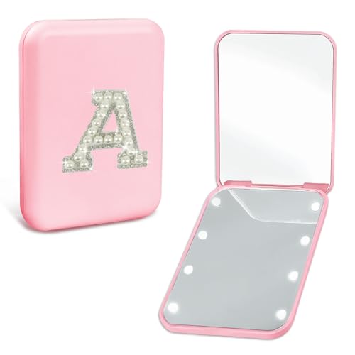 Aganmi Personalized Birthday Graduation Gifts for Teen Girls Her Pearl Initial Pink Travel Compact Mirror with Lights Portable 1X/2X Magnification 2-Sided Mini LED Pocket Makeup Mirror for Purse (L)