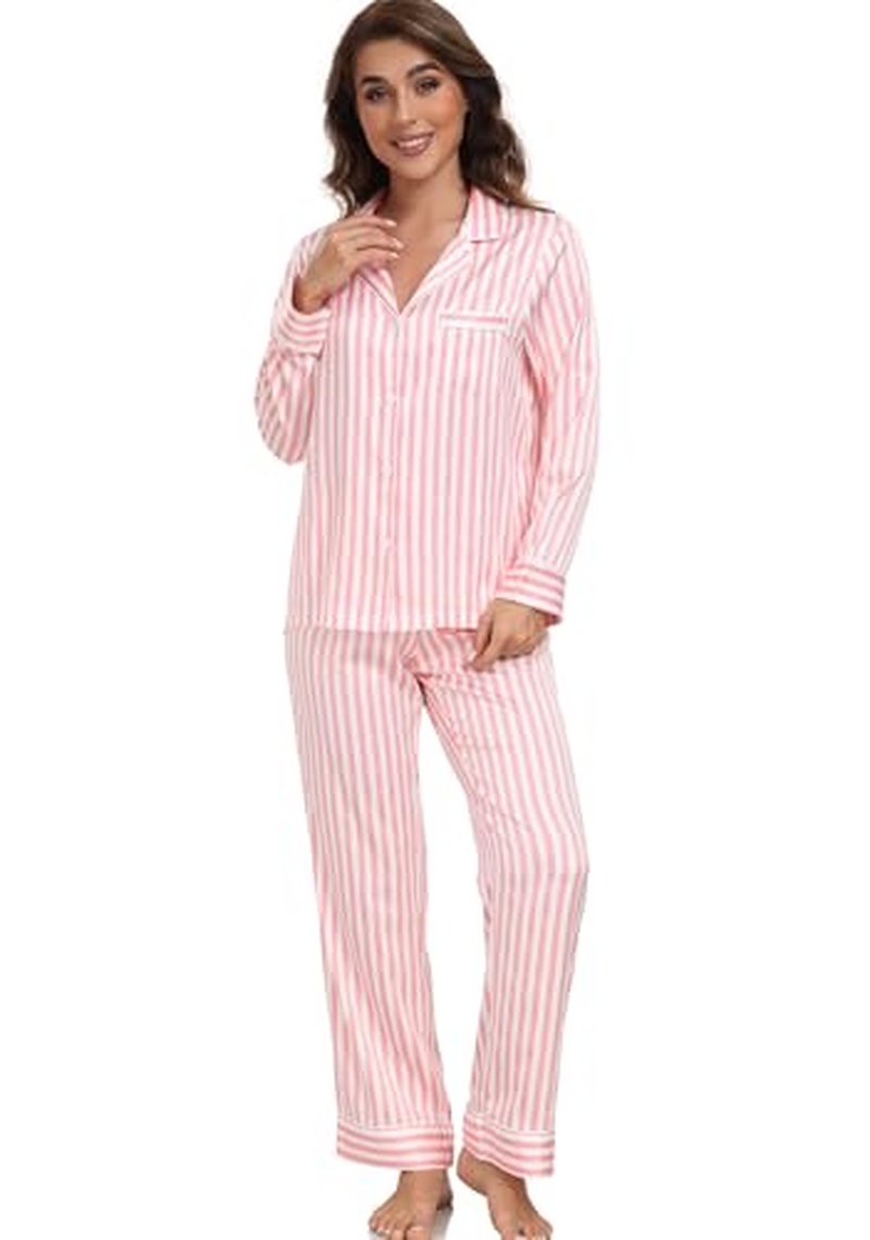 Serenedelicacy Women's Satin Pajama Set Long Sleeve Button Down Sleepwear 2-Piece Silky Pj Set (Small, Tan/Black/Ivory, Leopard)