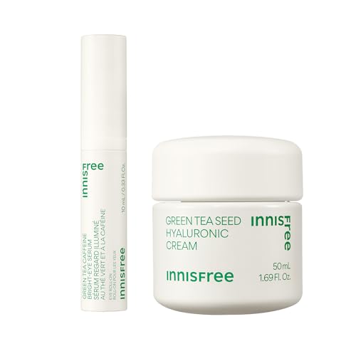 innisfree Green Tea Depuff + Hydrate Duo, Green Tea Caffeine Eye Serum + Green Tea Hyaluronic Cream, Korean Skincare with Eye Roll On and Cream for Hydrated, Glowing Skin