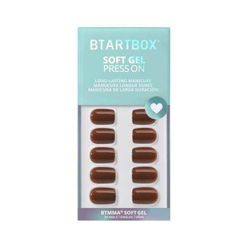 BTArtbox Press On Nails Short - Bold Brew, Caramel Brown Square Press On Nails with Glue and Adhesive Tabs for Women, Opaque Soft Gel Glue On Nails in 15 Sizes - 30 Stick On Nails Kit