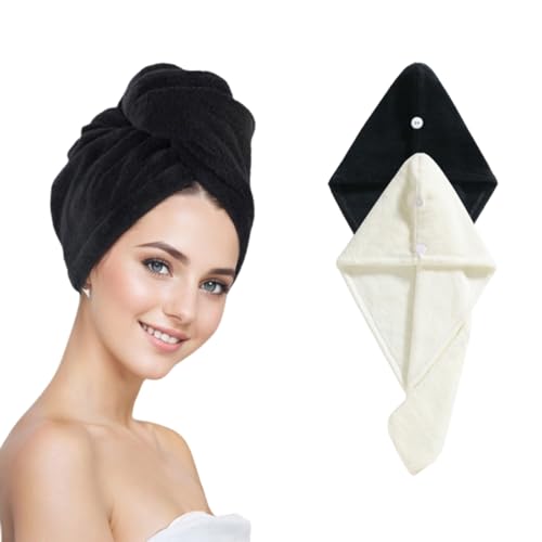 SURPRISE PIE Microfiber Hair Towel Wrap for Women,2Pack Hair Towels with Button,Super Absorbent Hair Turbans for Wet Hair, Long,Curly Hair,Fast Hair Drying Towel (Black and White)