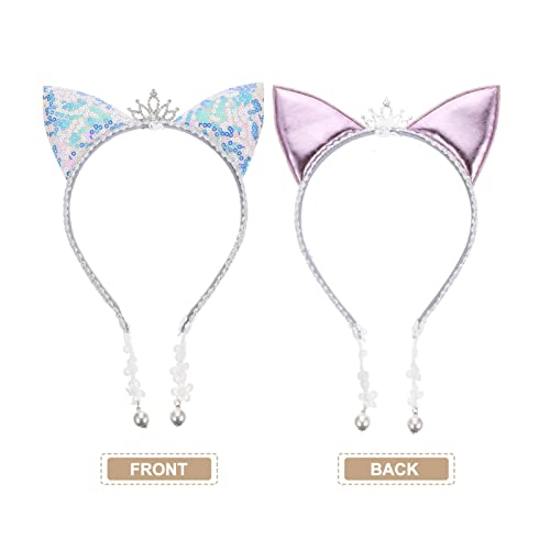 FOMIYES Cat Ears Headband with Glitter Sequin, Animal Ears Bridal Tiara, Lace and Pearl Pendant for Women Girls