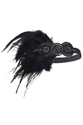 BABEYOND 1920s Flapper Headpiece Roaring 20s Great Gatsby Headband Vintage Feather Headband 1920s Flapper Gatsby Hair Accessories for Party (Black)