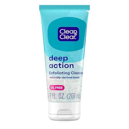 Clean & Clear Deep Action Exfoliating Facial Cleanser, Scrub & Face Wash, Pro-Vitamin B5, Lactic & Glycolic Acids, Oil-Free Gentle Daily Exfoliator for Soft, Smooth, Hydrated Skin, Vegan, 7 Fl Oz Tube