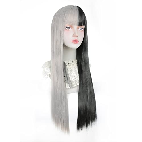 STYLER Half Black Half White Wig with Bangs, Long Straight Anime Cosplay Wig for Women, Heat Resistant Synthetic Halloween Hair Wigs