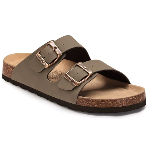 Litfun Unisex Cork Footbed Sandal Summer Slip On Slide Sandals with Adjustable Buckle for Women Men, Brown (13.5-14 Women/12-12.5 Men)