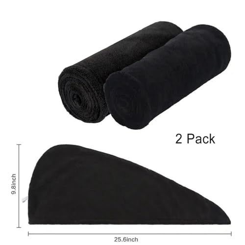 SURPRISE PIE Microfiber Hair Towel Wrap for Women,2Pack Hair Towels with Button,Super Absorbent Hair Turbans for Wet Hair, Long,Curly Hair,Fast Hair Drying Towel (Black and White)