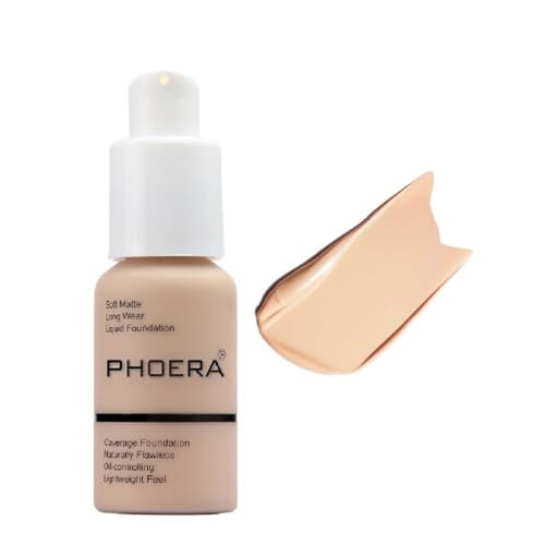 PHOERA Foundation, Flawless Soft Matte Liquid Foundation 24 HR Oil Control Concealer Foundation Makeup. (1 Pcs-105- Sand)