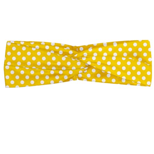 Lunarable Yellow Headband for Women, Picnic Inspired 50s 60s 70s Themed Polka Dot Retro Spotted Pattern Print, Elastic Comfy Hair Accessory Knotted Head Wrap Everyday Use, XS-S, Yellow and White