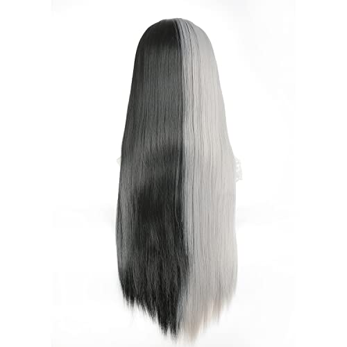 STYLER Half Black Half White Wig with Bangs, Long Straight Anime Cosplay Wig for Women, Heat Resistant Synthetic Halloween Hair Wigs