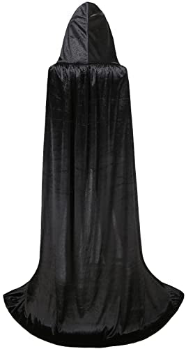 Unisex Halloween Hooded Cape Cosplay Full Length Velvet Cloak Halloween Fancy Cape Costumes (Black, X-Large)