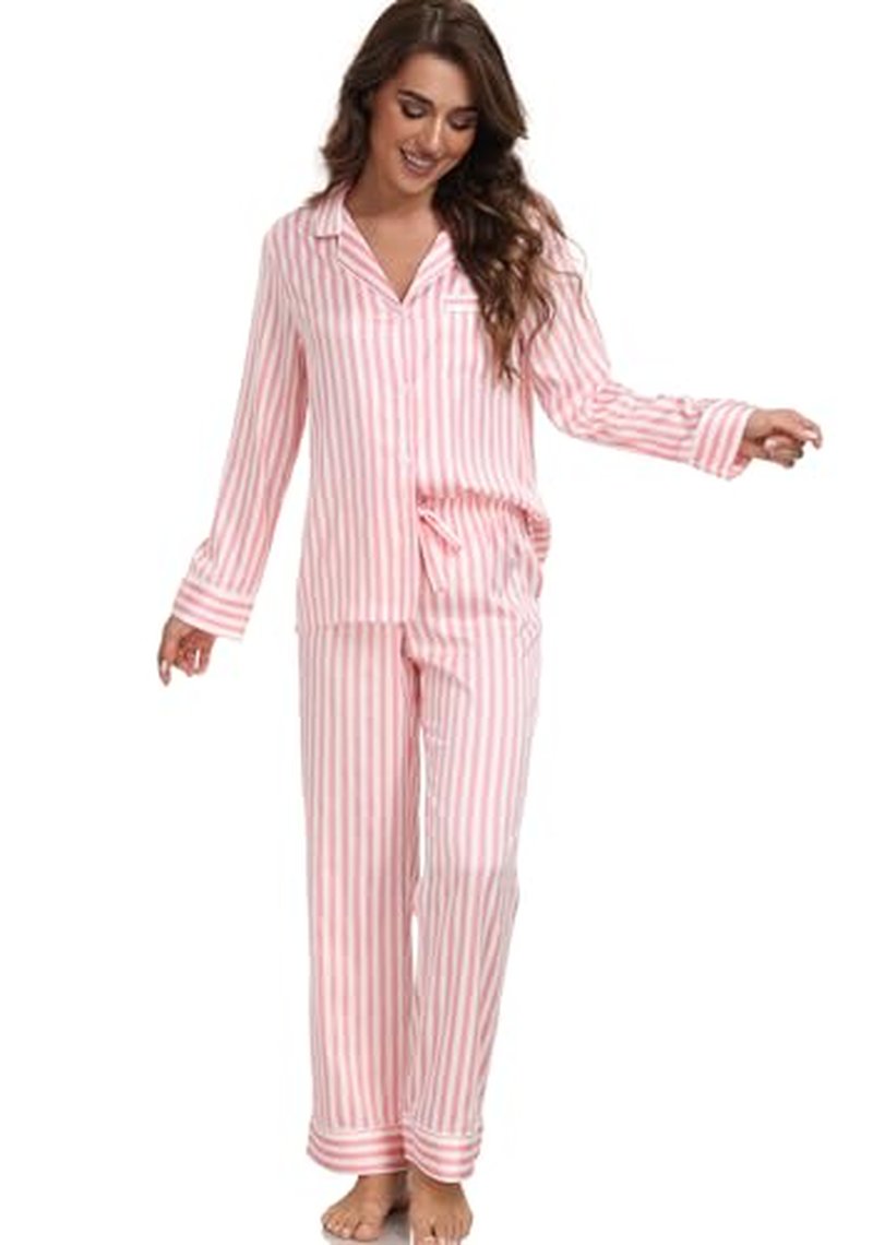 Serenedelicacy Women's Satin Pajama Set Long Sleeve Button Down Sleepwear 2-Piece Silky Pj Set (Small, Tan/Black/Ivory, Leopard)