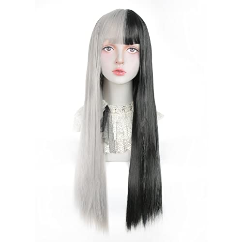 STYLER Half Black Half White Wig with Bangs, Long Straight Anime Cosplay Wig for Women, Heat Resistant Synthetic Halloween Hair Wigs