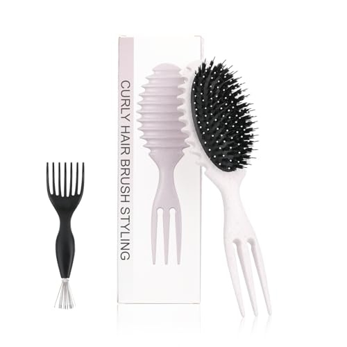 Beige Curl Defining Brush for Curly Hair - Styling and Detangler Brush with Comb for Curly Hair; Includes Bonus Hairstyling Tool; Vegan Fiber and Nylon Faux Boar Bristles to Smooth and Detangle