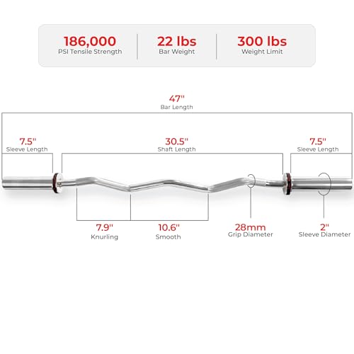 Sunny Health & Fitness Olympic Curl Bar ? Chrome Finish, 2-Inch Sleeves for Strength Training, Bearing and Bushing Rotation for Traps, Deadlifts, Squats and More, Available in Standard and Super Curl Versions
