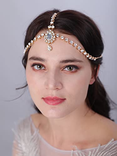 JWICOS Boho Rhinestone Head Chain Bridal Wedding Hair Piece Crystal Holloween Bride Hair Accessories for Women and Girls (Gold)