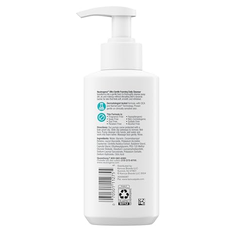 Neutrogena Ultra Gentle Foaming Facial Cleanser, Fragrance Free Hydrating Face Wash for Sensitive Skin, Daily Non Over Drying Makeup Remover, Hypoallergenic, Soap & Dye Free, Non-Comedogenic, 16 Fl Oz