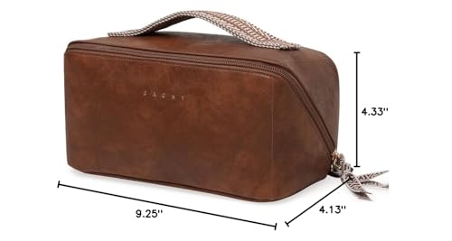 EACHY Travel Makeup Bag, Large Capacity Cosmetic Bags for Women, Waterproof Portable Open Flat Toiletry Bag Make up Bag with Divider and Handle, Gifts for Women (I-Brown, Medium)