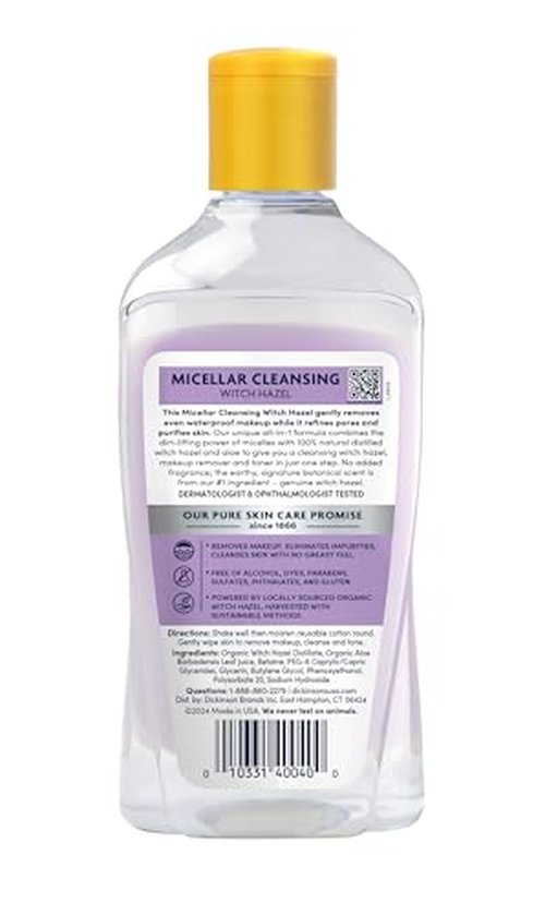 Dickinson's Micellar Cleansing Witch Hazel, An All-in-1 Makeup Remover, Pore Refiner, Skin Cleanser and Toner; Alcohol Free with Aloe, for Sensitive Skin, 16oz