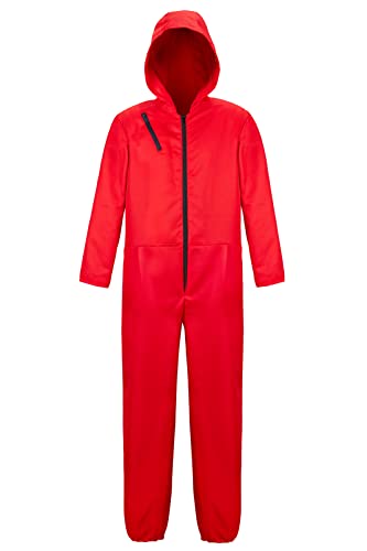 Parlsdy Adult Costume Red Jumpsuit Mens Halloween Costumes for Men Coveralls Outfit Suits Red with Hat-XS