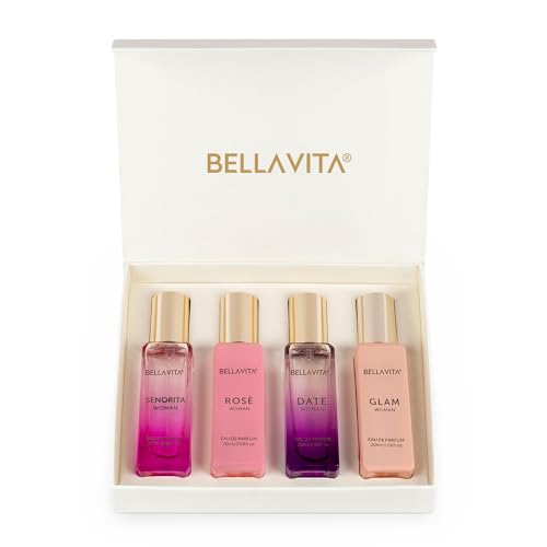 Bella Vita Luxury Eau De Parfum Set for Women (4x20 mL) with Date, Senorita, Glam, Rose | Vanilla, Floral, Sweet, Musk | Perfect for trials, gifting, or blending to craft your unique fragrance