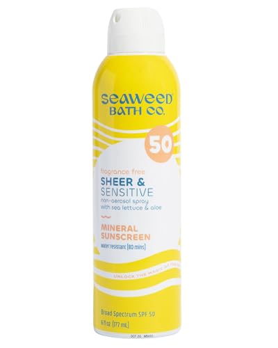 Seaweed Bath Co. Sheer Mineral Sensitive SPF 50 Broad Spectrum Sunscreen Spray, Fragrance Free, Sustainably Harvested Seaweed, Sea Lettuce, Aloe