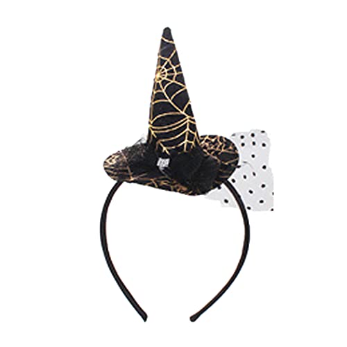 Rosemarie & Jubalee Women's Spooktacularly Fun Witches Hat Feathered Decorative Halloween Headband (Black With Gold Spiderwebs)