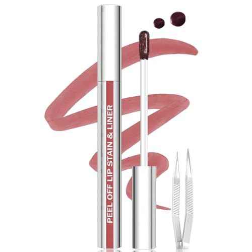 Lip Stain Peel Off Lip Liner Stain with Tweezer, Long Lasting Matte Lip Tint Tattoo, Highly Pigmented Color Lip Makeup, Waterproof Lipstick, Transfer-proof Lipstain for Women, Nude Pink