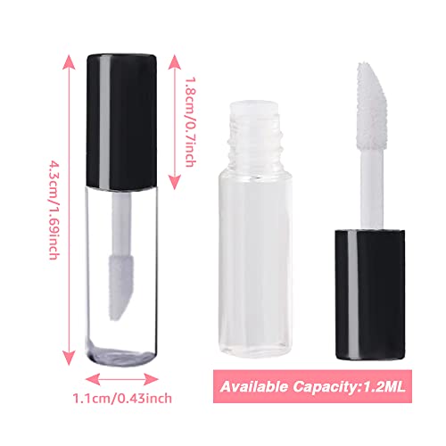 AMORIX 50PCS Mini Lip Gloss Tubes with Wand 1.2ml Empty Containers Clear Refillable Travel Lip Balm Bottles for Samples with 5ml Syringes DIY Lip Gloss Base + Tag Labels Stickers (Black)