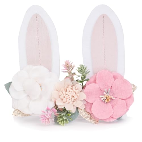 Merroyal Bunny Ears Headband Easter Rabbit Ears Hairband Flower Headpieces for Kids and Adults (Elastic Band White Pink)