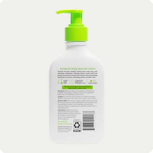 AmLactin Daily Nourish Therapeutic Body Lotion for Dry Skin - No-Scrub Exfoliator and Moisturizer - AmLactin 12% Lactic Acid Lotion, 7.9 oz (Packaging May Vary)