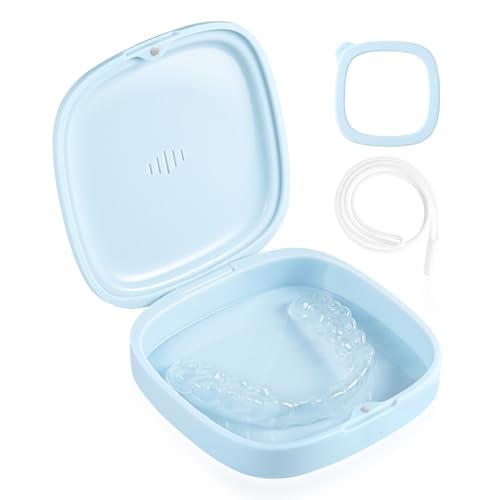 Annhua Retainer Holder Slim Mouth Guard Case with Magnetic Closure-Partial Denture Case with Vent Holes-3.34" x 3.34" x 0.98" Retainer Container Case with Silicone Lanyard for Travel-Blue