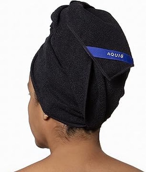Aquis Towel Hair-Drying Tool, Water-Wicking, Ultra-Absorbent Recycled Microfiber (Black)