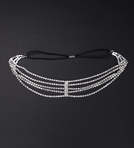 Denifery Silver/Gold Rhinestone Head Chain Forehead Bridal Headband Elastic Crystal Hair Band Halloween Prom Hair Jewelry for Women and Girls (Silver)