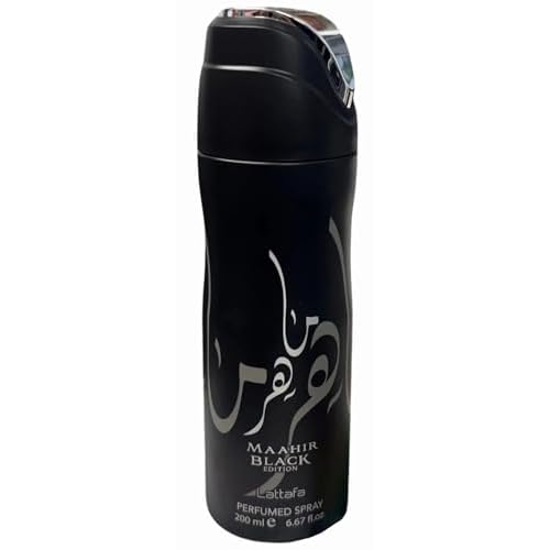 Lattafa Maahir Black Edition - Spicy, Leathery, Woody, Amber - Perfumed Deodorant Spray for Everyone, 6.67 Ounce / 200 ml