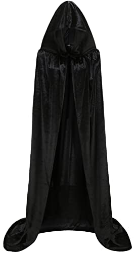 Unisex Halloween Hooded Cape Cosplay Full Length Velvet Cloak Halloween Fancy Cape Costumes (Black, X-Large)