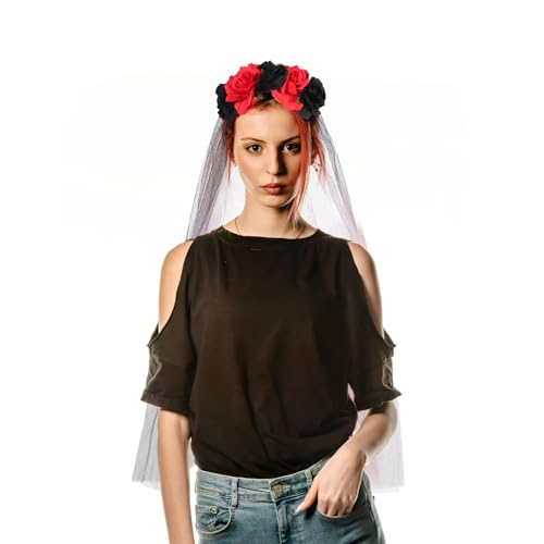 minkissy Halloween Ghost Festival Party Hair Accessories Black Rose Headband with Veil Halloween Flower Cosplay Wedding Headpiece Black Costume Veil Europe Gothic Polyester Cloth Women's