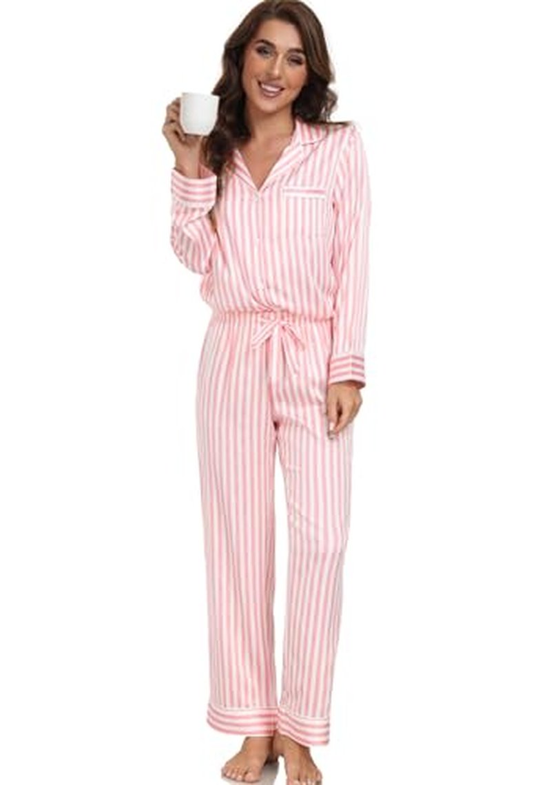 Serenedelicacy Women's Satin Pajama Set Long Sleeve Button Down Sleepwear 2-Piece Silky Pj Set (Small, Tan/Black/Ivory, Leopard)