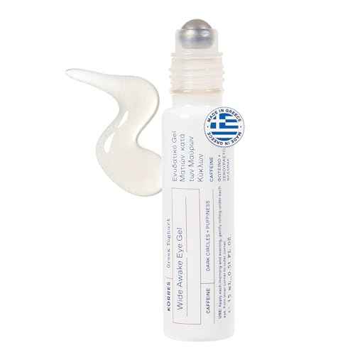 KORRES Greek Yoghurt Wide Awake Eye Gel Serum with Hyaluronic Acid and Caffeine for Dark Circles, Puffy Eyes and Under Eye Bags, Roller Massage Ball Applicator, Brightening and Hydrating, 0.51 fl oz