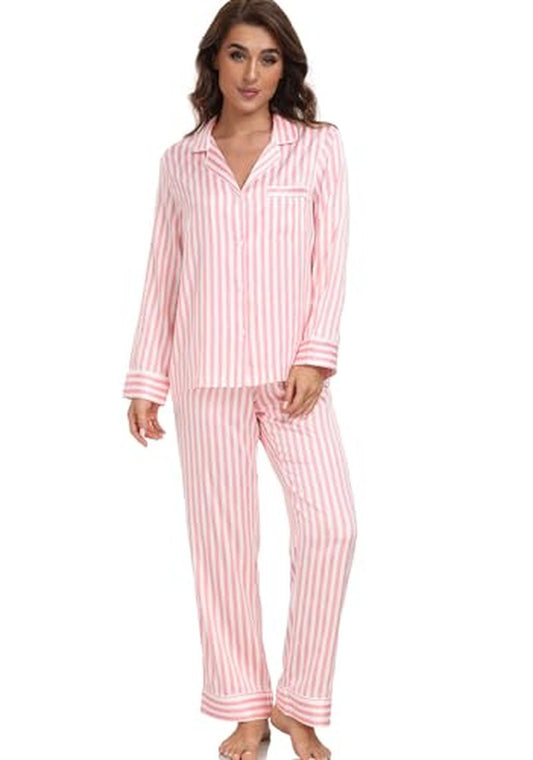 Serenedelicacy Women's Satin Pajama Set Long Sleeve Button Down Sleepwear 2-Piece Silky Pj Set (Small, Tan/Black/Ivory, Leopard)
