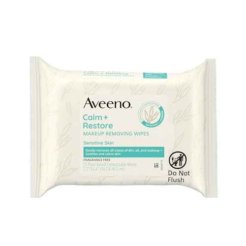 Aveeno Calm + Restore Unscented Makeup Remover Face Wipes, Fragrance Free Facial Cleansing Towelettes with Oat Extract & Calming Feverfew Leave Skin Feeling Soothed, Alcohol Free, 25 ct