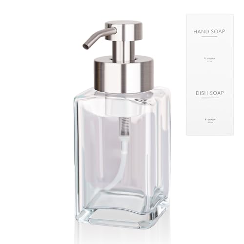 Foaming Soap Dispenser with Stainless Steel Pump, 12oz Refillable Glass Liquid Dish Soap Bottles for Bathroom, Kitchen Sink, Home Decor